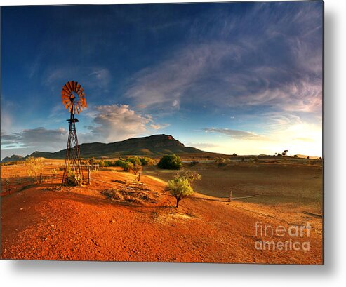First Light Early Morning Windmill Dam Rawnsley Bluff Wilpena Pound Flinders Ranges South Australia Australian Landscape Landscapes Outback Red Earth Blue Sky Dry Arid Harsh Metal Print featuring the photograph First Light on Wilpena Pound by Bill Robinson