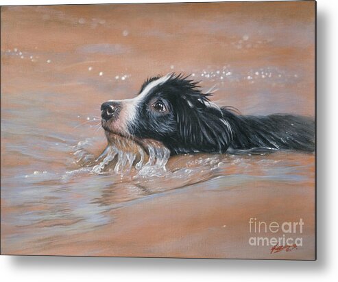 Dog Paintings Metal Print featuring the painting First swim by John Silver