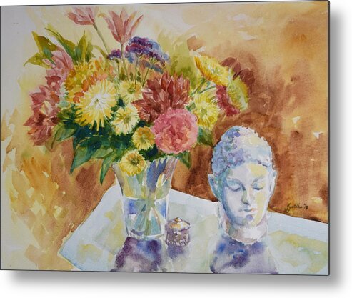 Still Life Metal Print featuring the painting Flower Vase with Buddha by Jyotika Shroff