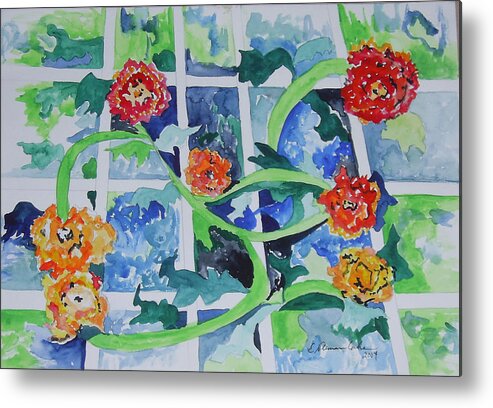 Floral Metal Print featuring the painting Flowers on a Trellis by Esther Newman-Cohen