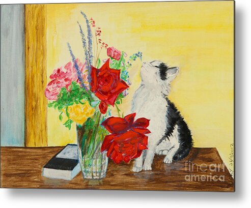 Still Life Metal Print featuring the painting Fluff Smells the Lavender- painting by Veronica Rickard