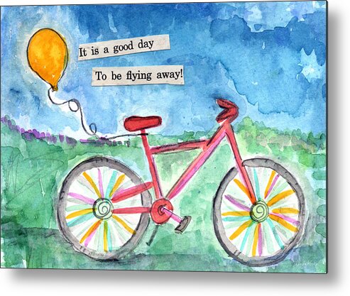 Bike Metal Print featuring the painting Flying Away- bicycle and balloon painting by Linda Woods