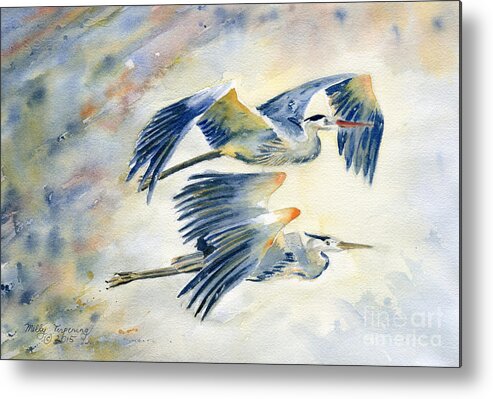 Great Blue Heron Metal Print featuring the painting Flying Together by Melly Terpening