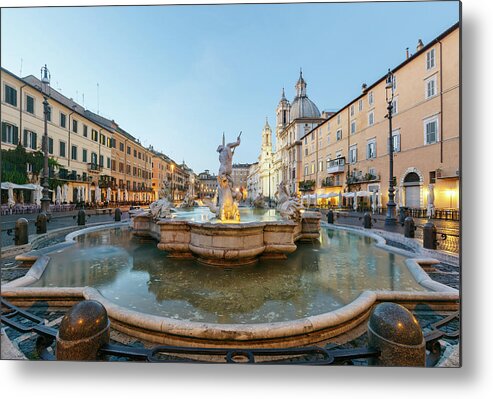 Dawn Metal Print featuring the photograph Fountain Of Neptune On The Piazza by Guy Vanderelst