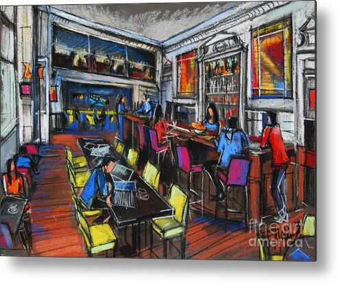 French Cafe Interior Metal Print featuring the pastel French Cafe Interior by Mona Edulesco