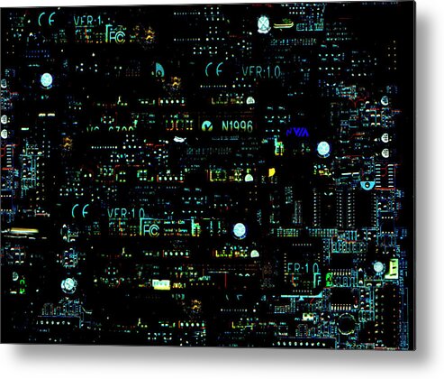 Abstract Metal Print featuring the photograph Full Frame Illuminated Circuit Board by Ikon Ikon Images