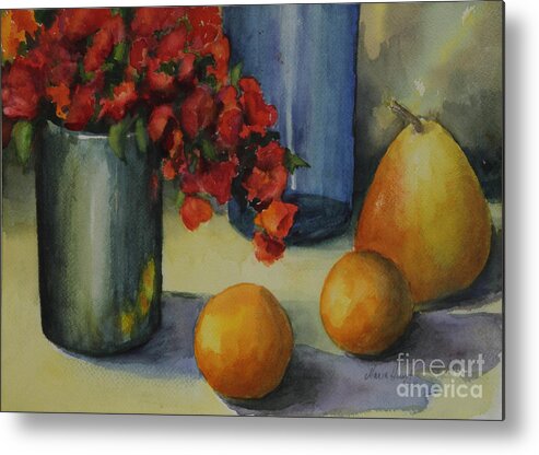Pewter Vase Metal Print featuring the photograph Geraniums with Pear and Oranges by Maria Hunt
