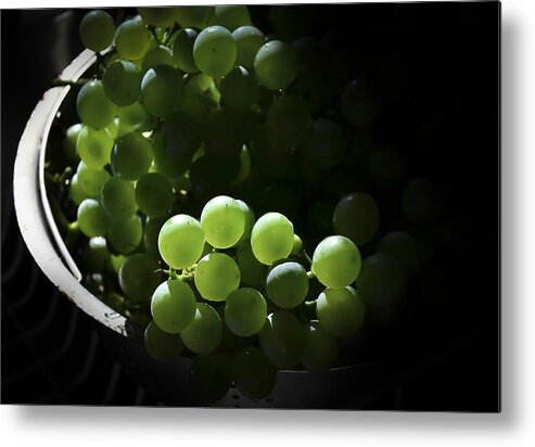 Abstract Lighting Of Grapes-peerful- Art- Abstract Photography- Bright Greens- Plays In Lihgt- Gifts Of Grapes- Still Life Abstract Beauty Of Photography Metal Print featuring the photograph Grapes and Silver by Rae Ann M Garrett