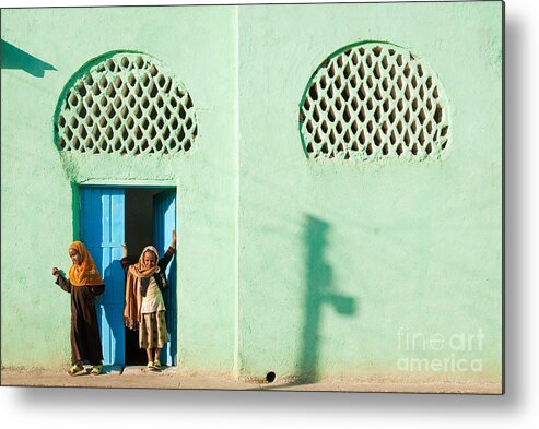 Harar Ethiopia Old Town City Mosque Girls Children Harari Islam Muslim Religion Religious Veiled Young Girls Etthiopian Harari Color Colourful Bright Vivid East Africa African Travel Holidays Vacations Tourism Tourist Metal Print featuring the photograph Harar Ethiopia Old Town City Mosque Girls Children by JM Travel Photography