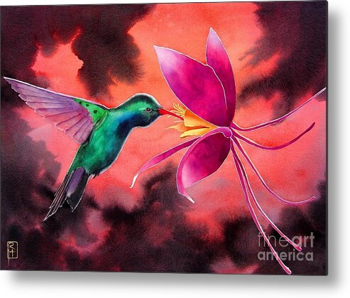 Watercolor Metal Print featuring the painting Hummingbird And Columbine by Robert Hooper