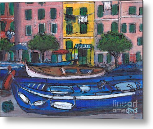 Mixed Media Metal Print featuring the painting Idle Boats Vernazza Cinque Terre by Jackie Sherwood