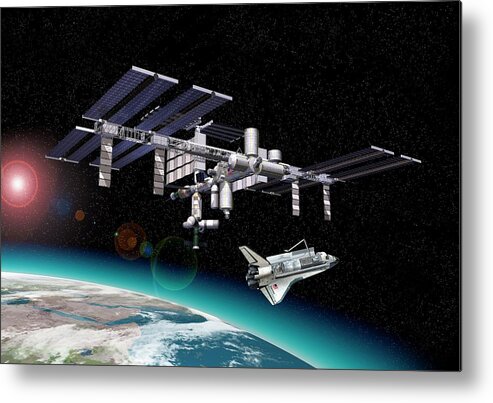 Artwork Metal Print featuring the photograph International Space Station And Shuttle by Leonello Calvetti/science Photo Library