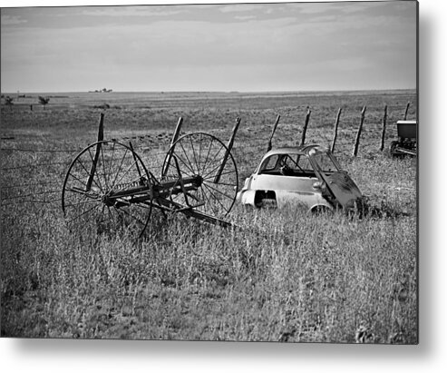 Abandoned Digital Art Metal Print featuring the photograph Isetta and Hay Rake by Melany Sarafis