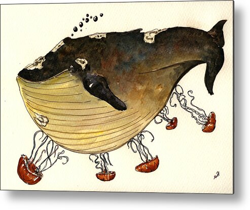Jellyfish Metal Print featuring the painting Jellyfish tickling a whale by Juan Bosco