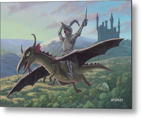Knight Metal Print featuring the painting Knight Riding On Flying Dragon by Martin Davey