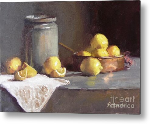 Lemon Metal Print featuring the painting Lemons in copper pan by Viktoria K Majestic