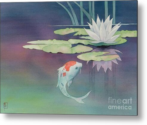 Watercolor Metal Print featuring the painting Lily And Koi by Robert Hooper