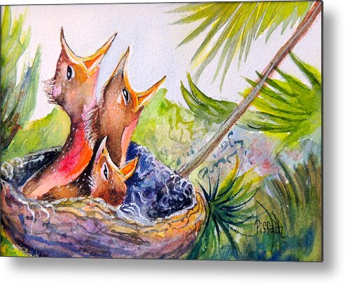 Baby Birds Metal Print featuring the painting Little beaks by Patricia Piffath