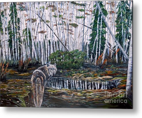 Wolf Metal Print featuring the painting Looking back by Marilyn McNish