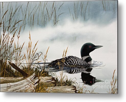 Loon Metal Print featuring the painting Loons Misty Shore by James Williamson