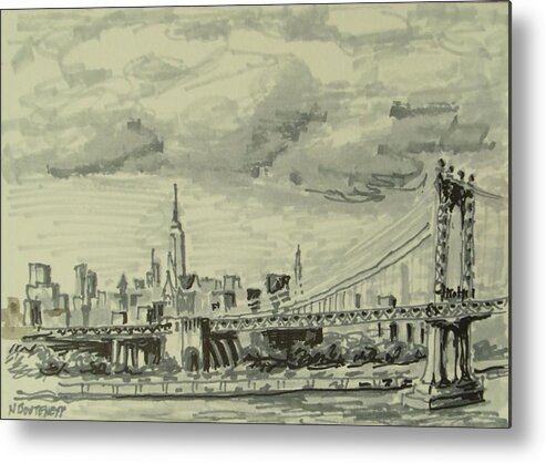 Cityscape Metal Print featuring the drawing Manhattan Bridge by Nicolas Bouteneff