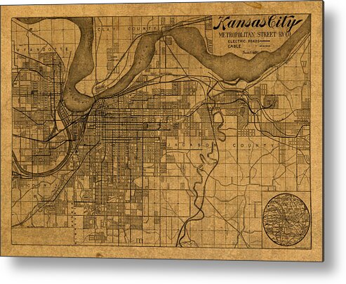 Map Metal Print featuring the mixed media Map of Kansas City Missouri Vintage Old Street Cartography on Worn Distressed Canvas by Design Turnpike