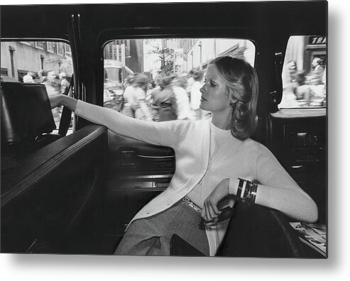 Fashion Metal Print featuring the photograph Model Wearing A It's Pure Gould Cardigan In A Taxi by Kourken Pakchanian
