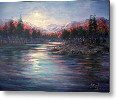  Lake Metal Print featuring the painting Moonrise on the lake#2 by Laila Awad Jamaleldin
