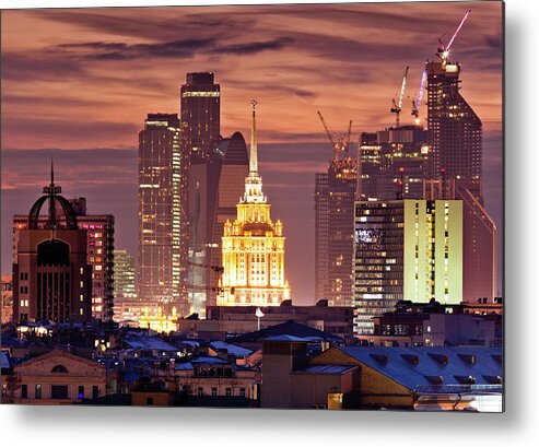 Apartment Metal Print featuring the photograph Moscow Skyscrapers At Sunset by Mordolff