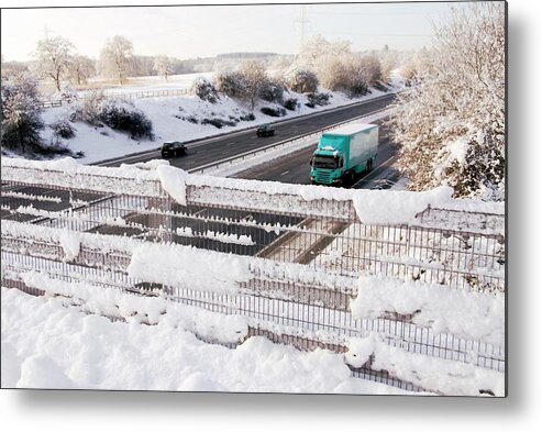 Vehicle Metal Print featuring the photograph Motorway After Heavy Snowfall by Trl Ltd./science Photo Library