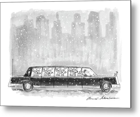(reindeer Are Being Driven In Back Of Long Limo Metal Print featuring the drawing New Yorker December 27th, 1993 by Bernard Schoenbaum