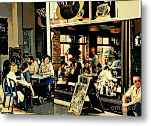 Summer Cafes Montreal Street Scenes Metal Print featuring the painting Newsroom Cafe Terrace Hamburger Et Patates Fast Food Bistro Summer Montreal Cafe Scene by Carole Spandau