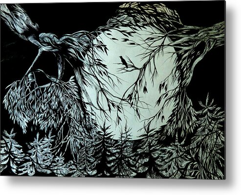 Pen And Ink Metal Print featuring the drawing Nightingale Song. Part Three by Anna Duyunova