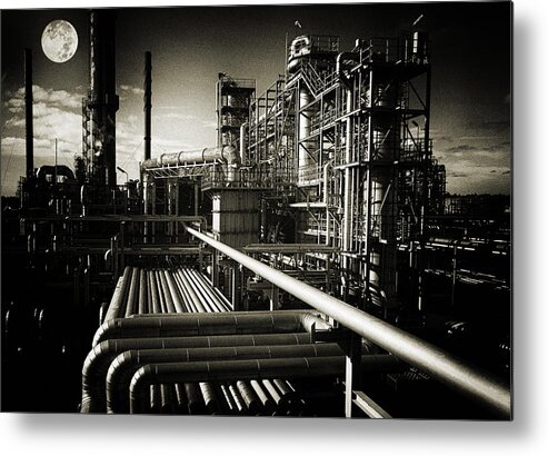 Fuel Metal Print featuring the photograph Oil Refinery And Moonlight Grain And Grunge by Christian Lagereek