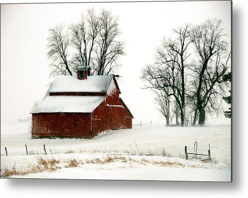 Winter Metal Print featuring the photograph Old Red barn in an Illinois Snow Storm by Kimberleigh Ladd