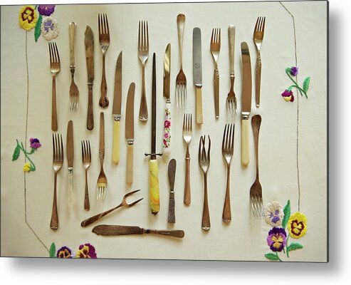 Large Group Of Objects Metal Print featuring the photograph Old Vintage Knives & Forks by Sharon Lapkin