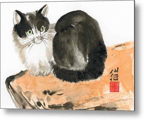 Animals - Cat - Black And White Cat - Oriental Black And White Cat Metal Print featuring the painting Oriental Style Cat by Sandy Linden