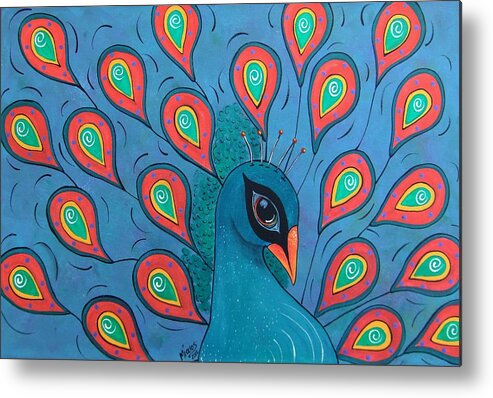 Peacock Metal Print featuring the painting Peacock Promenade by Cindy Micklos