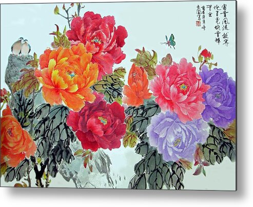 Red Peonies Metal Print featuring the photograph Peonies and Birds by Yufeng Wang