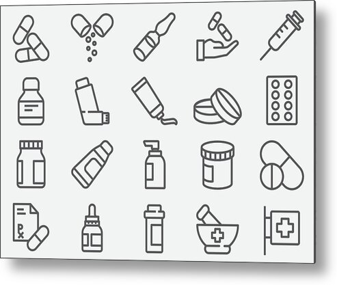 Curve Metal Print featuring the drawing Pills and Pharmacy Line Icons by LueratSatichob