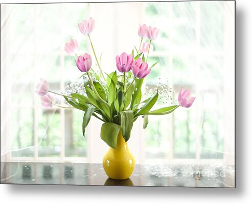 Tulips Metal Print featuring the photograph Pink Tulips In The Window by Lois Bryan