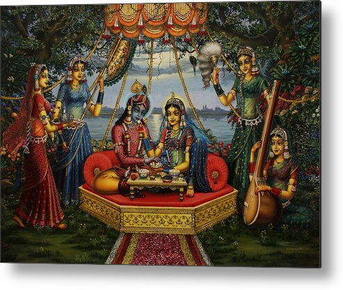 Krishna Metal Print featuring the painting Radha Krishna taking meal  by Vrindavan Das