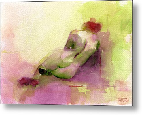 Woman Metal Print featuring the painting Reclining Woman Magenta Green and Orange Watercolor Painting by Beverly Brown Prints