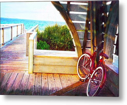 Bike Metal Print featuring the digital art Red Bike On Beach Boardwalk by Jane Schnetlage