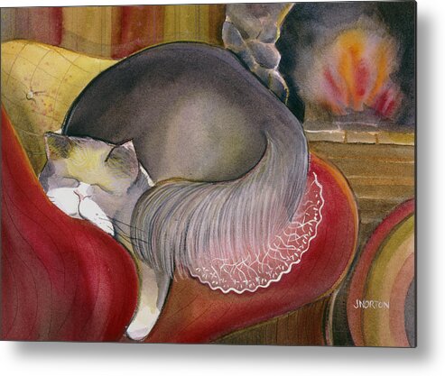 Jen Norton Metal Print featuring the painting Sleeping Persian Cat on Red Sofa by Jen Norton