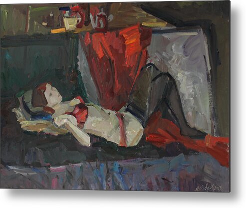 Nude Metal Print featuring the painting Red lingerie by Juliya Zhukova