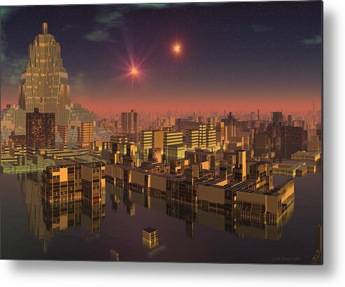 Sci Fi Metal Print featuring the digital art Rujjipet Sunset Alien Cityscape by Judi Suni Hall