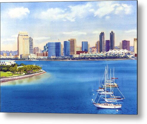 San Diego Metal Print featuring the painting San Diego Skyline with Meridien by Mary Helmreich