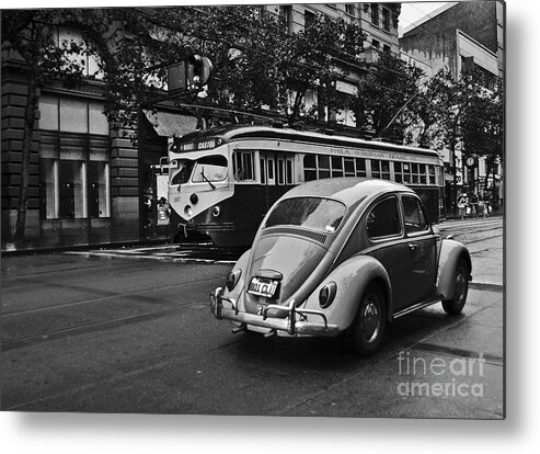 San Francisco Metal Print featuring the photograph San Francisco Vintage Scene - a VW Beetle and a classic street car by Carlos Alkmin