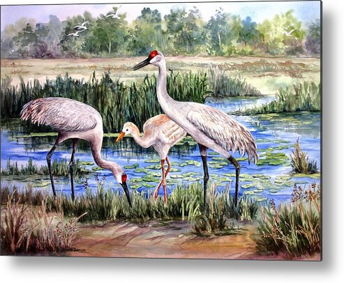 Sandhill Cranes Metal Print featuring the painting Sandhills by the Pond by Roxanne Tobaison